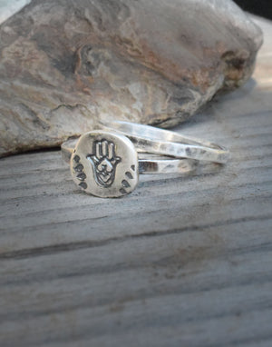 Hamsa Ring Stacking Set of Two Bands. Fine Silver Spiritual Jewelry. Handcrafted Silver Rings. Cindy's Art and Soul Jewelry.