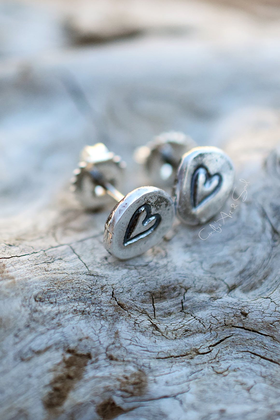Fine Silver Heart Stud Earrings Rustic Silver Post Earrings