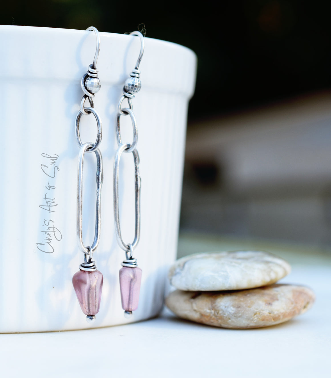 Handcrafted Pure Silver Hoops Beaded Silver Bohemian Beaded Hoop Earrings Matte Rose