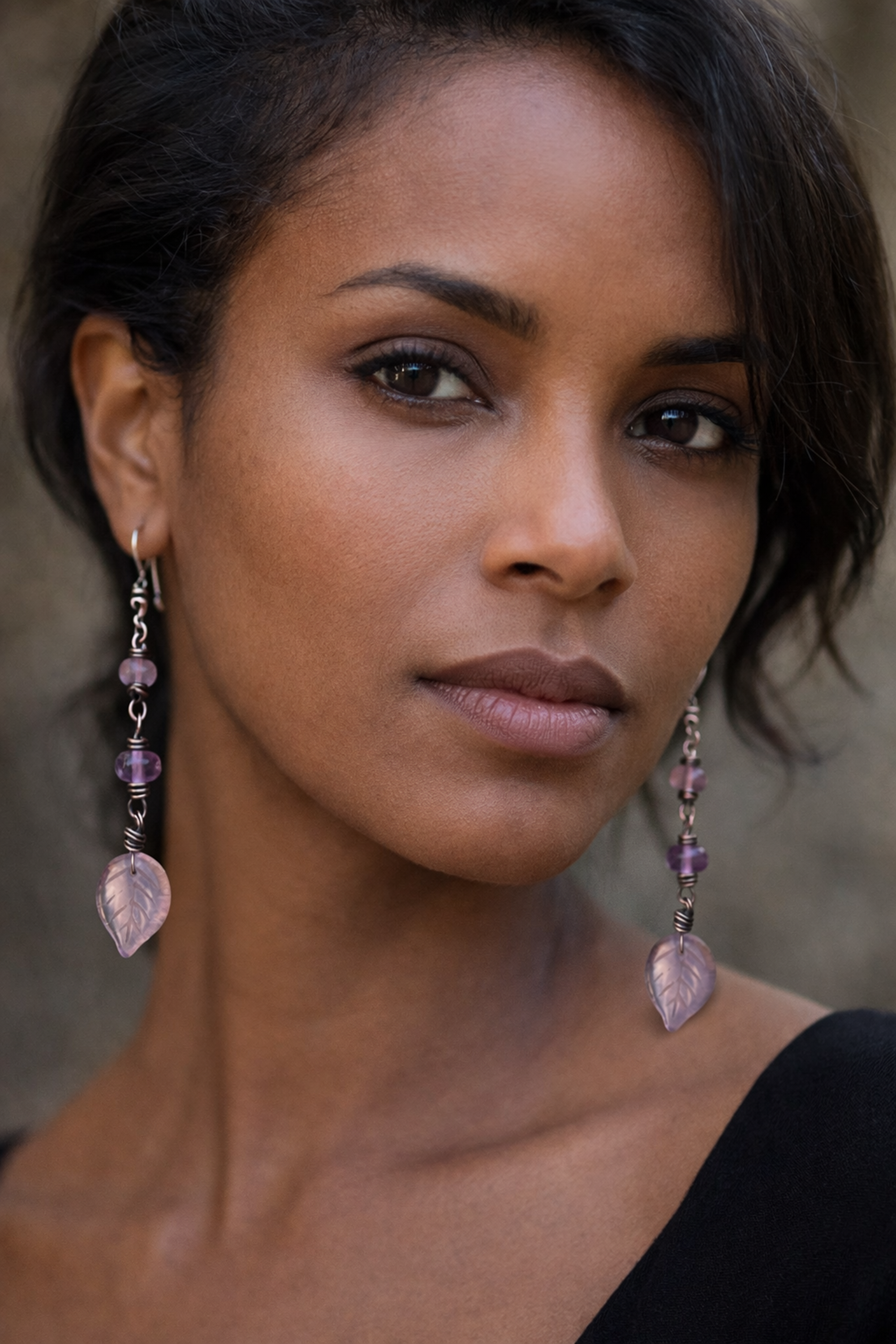 Fluorite and Amethyst Leaf Dangle Earrings Vintage Czech Glass, Oxidized Copper