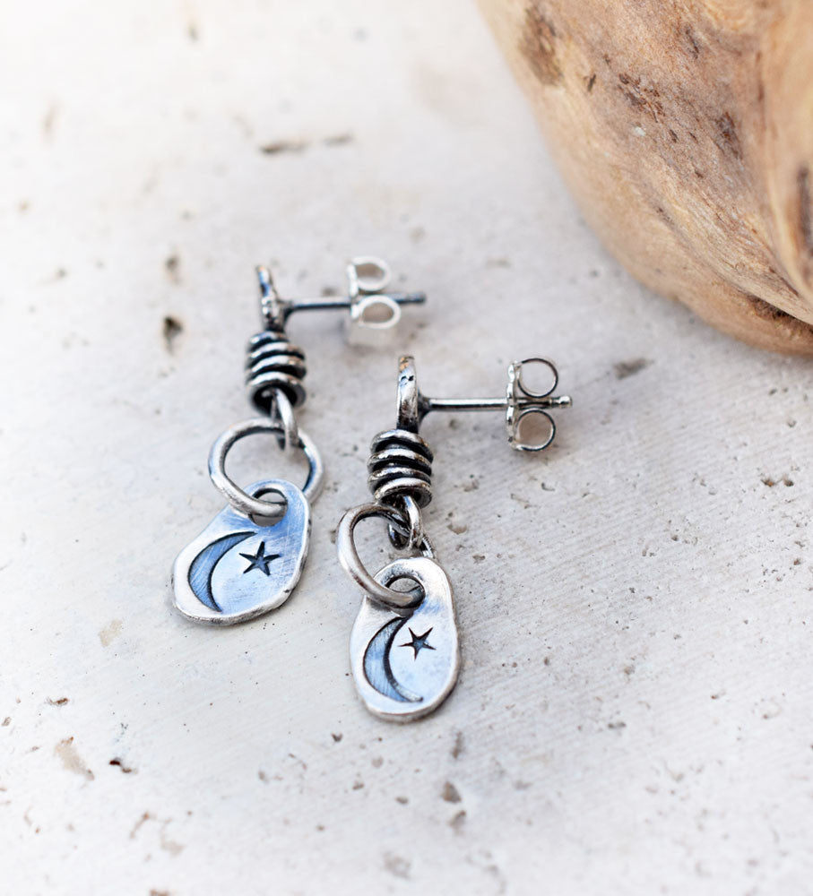 Moon and Star Earrings. Silver Post Nugget Earrings. Cindys Art and Soul Jewelry. 