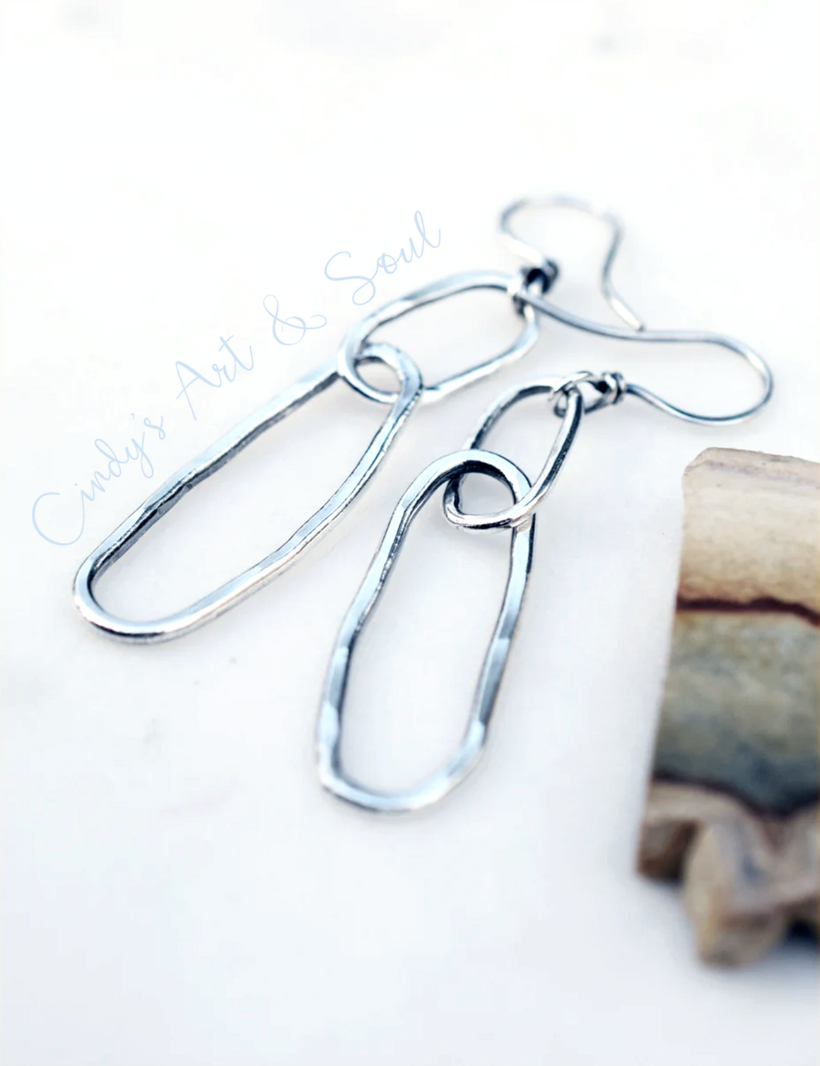 Fine Silver Link Earrings, Long Oval Hoop Dangle Earrings