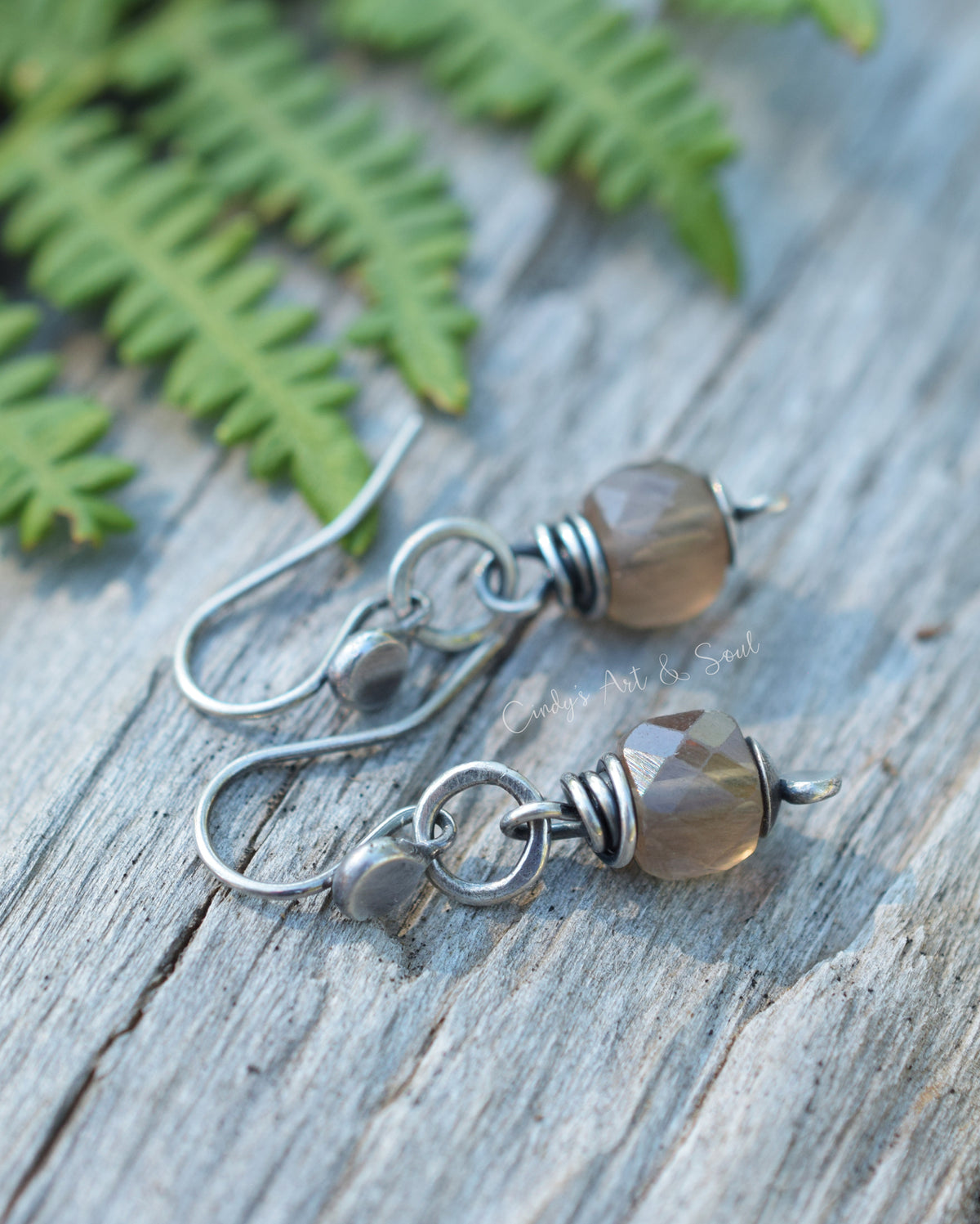 Fluorite Gemstone Earrings, Taupe, Fine Silver, Handcrafted Artisan Jewelry