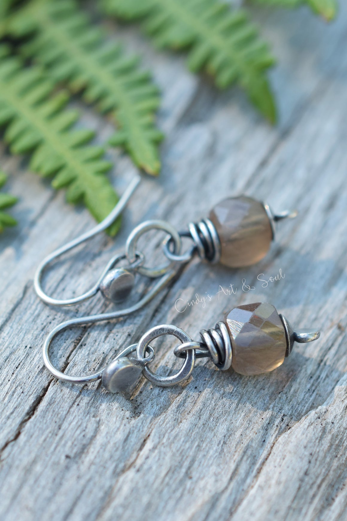 Fluorite Gemstone Earrings, Taupe, Fine Silver, Handcrafted Artisan Jewelry