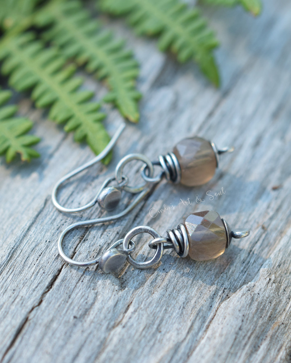 Fluorite Gemstone Earrings, Taupe, Fine Silver, Handcrafted Artisan Jewelry