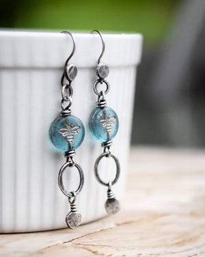 Sparkling Silver Blue Glass Bee Earrings. Long Silver Dangle Earrings. Pure Silver Hoops. 12231