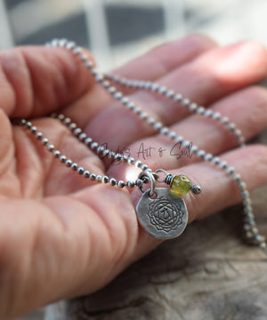 Chakra Charm Necklace Handcrafted Heart Chakra and Garnet Gemstone Sterling SIlver Bead Chain