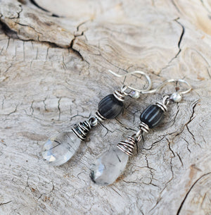 Earrings. Rutilated Quartz + Black Indonesian Glass.