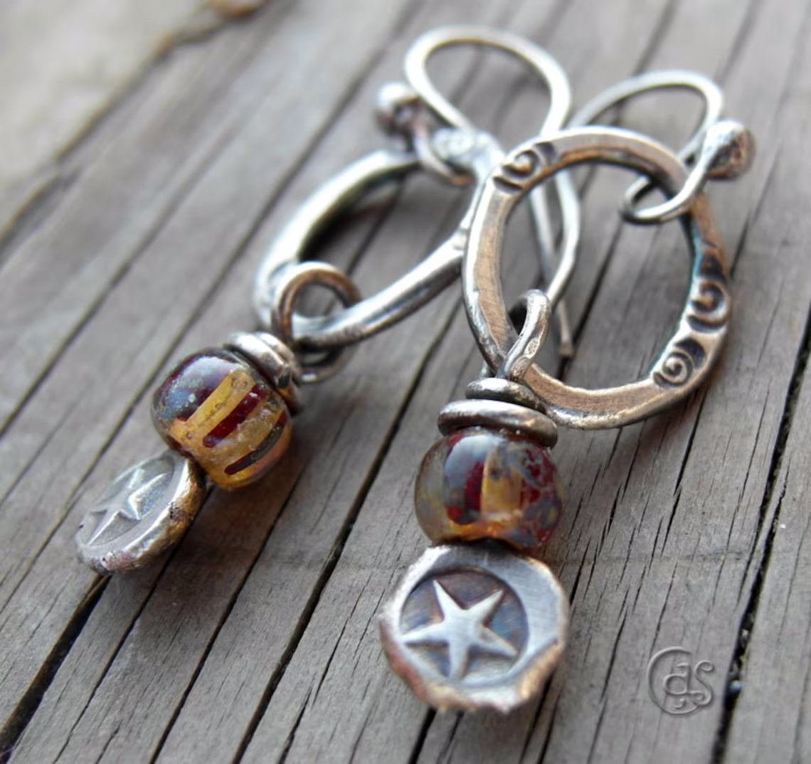 Silver Star Earrings Pure Silver Hoops Handmade Earrings. Dainty Hoops. Sterling Silver Boho Earrings. Bohemian Jewelry. Spring Fashion.