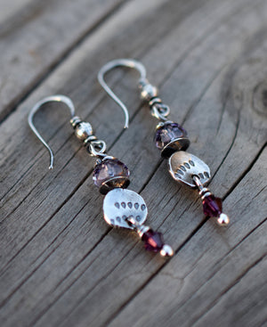Amethyst Silver Nugget Earrings. Swarovski Sparkle. Plum. 12169