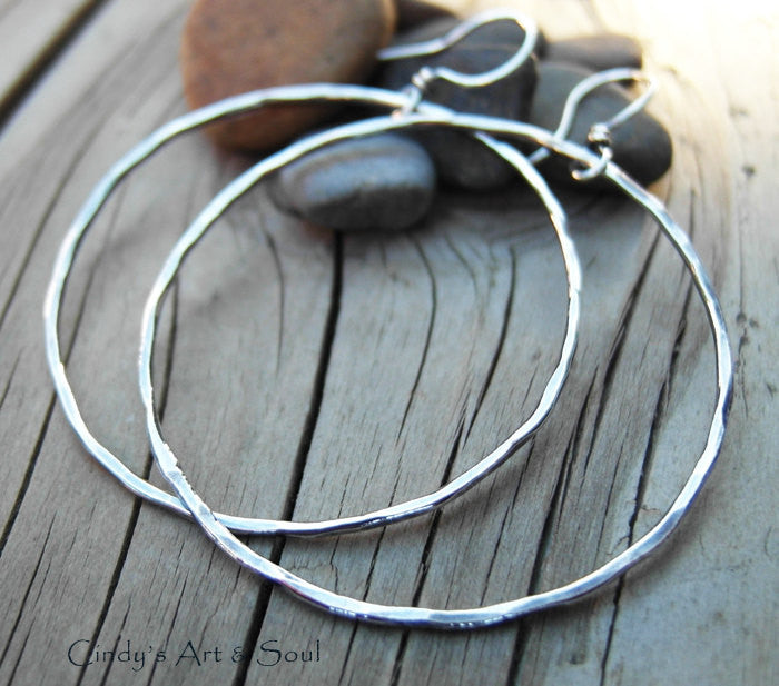 Big Silver Hoops. All Silver Hammered Hoop Earrings.
