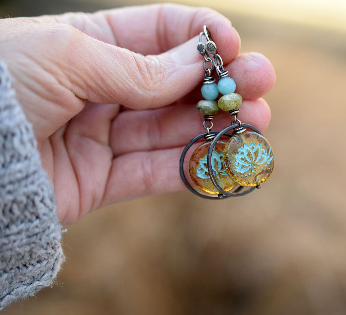 Blue Lotus Copper Hoop Earrings with Amazonite & Grossular Garnet