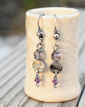 Amethyst Silver Nugget Earrings. Swarovski Sparkle. Plum. 12169