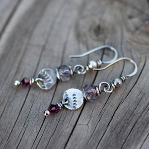 Amethyst Silver Nugget Earrings. Swarovski Sparkle. Plum. 12169