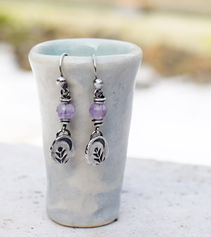 Amethyst Gemstone Earrings. Silver Nugget Moon Dangles. 32701