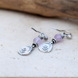Amethyst Gemstone Earrings. Silver Nugget Moon Dangles. 32701