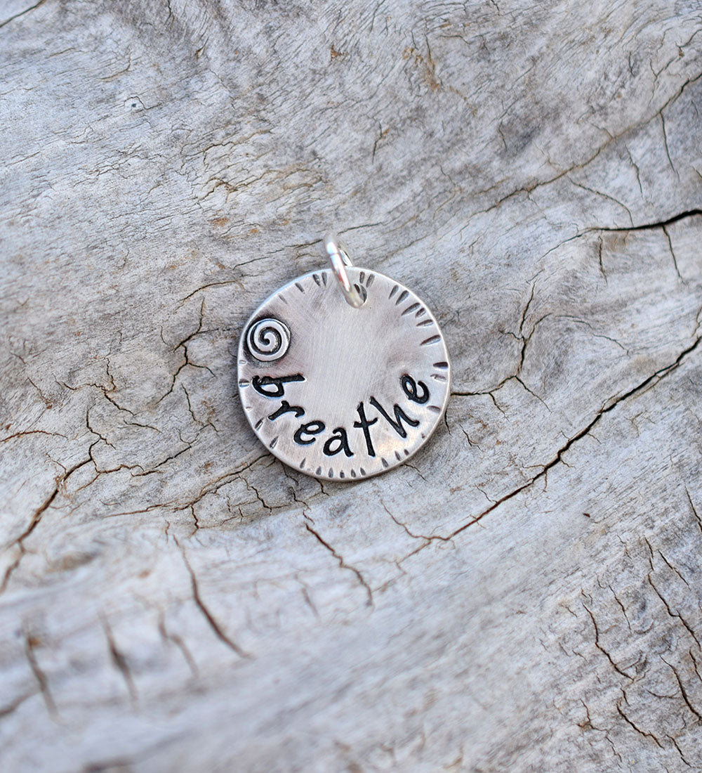 Breathe Charm. Sterling Silver Pendant Charm. Riveted.