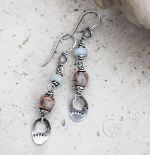 Aquamarine Gemstone Earrings. Pale Blue Rustic. Silver Nugget Charm. Cindy's Art & Soul 4175