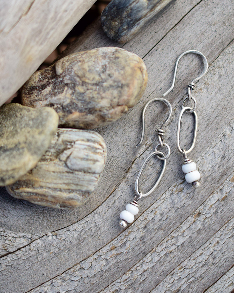 Handcrafted Small Hoop Earrings. White African Glass and Silver Hoops. All Silver Earrings.