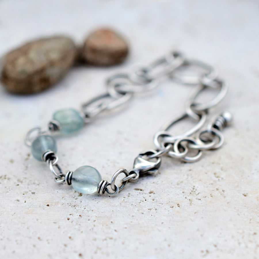 Blue Fluorite Bracelet, Handmade Fused Chain, Wire Wrapped Stones, Sterling and Fine Silver