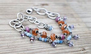 Beaded Gemstone Bracelet. Handmade Boho Style Jewelry. Fine Silver. Ruby. Aquamarine. 