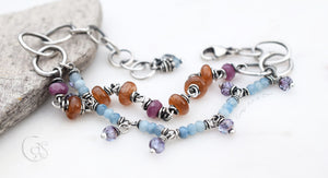 Beaded Gemstone Bracelet. Handmade Boho Style Jewelry. Fine Silver. Ruby. Aquamarine. 