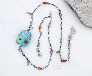 Boho Bloom. Beaded Gemstone Necklace. Artisan Lampwork Focal. Amethyst. Aquamarine. Peridot.