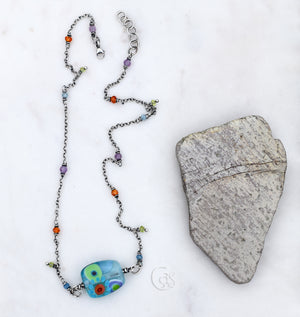 Boho Bloom. Beaded Gemstone Necklace. Artisan Lampwork Focal. Amethyst. Aquamarine. Peridot.