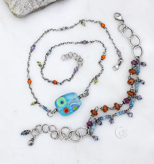 Boho Bloom. Beaded Gemstone Necklace. Artisan Lampwork Focal. Amethyst. Aquamarine. Peridot.