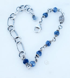 Blue Kyanite Beaded Gemstone Bracelet. Fine Silver Handcrafted Chain. 83209
