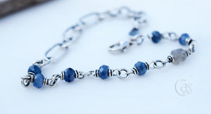 Blue Kyanite Beaded Gemstone Bracelet. Fine Silver Handcrafted Chain. 83209