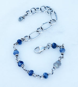 Blue Kyanite Beaded Gemstone Bracelet. Fine Silver Handcrafted Chain. 83209