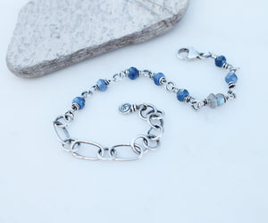 Blue Kyanite Beaded Gemstone Bracelet. Fine Silver Handcrafted Chain. 83209