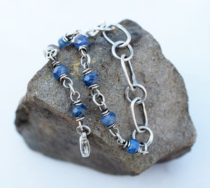 Blue Kyanite Beaded Gemstone Bracelet. Fine Silver Handcrafted Chain. 83209