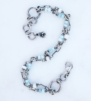 Beaded Gemstone Bracelet. Boho Style. Larimar. African Glass. Summer Beach Baby. 520195