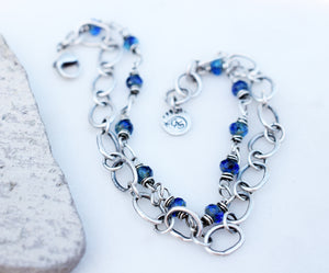 Sapphire Blue Beaded Chain Bracelet. Double Strand. Czech Glass. Fine Silver. Boho Style.