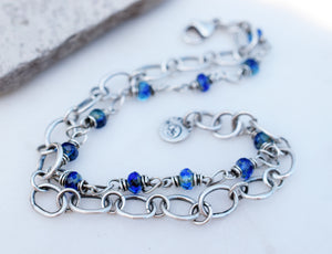 Sapphire Blue Beaded Chain Bracelet. Double Strand. Czech Glass. Fine Silver. Boho Style.