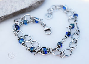 Sapphire Blue Beaded Chain Bracelet. Double Strand. Czech Glass. Fine Silver. Boho Style.