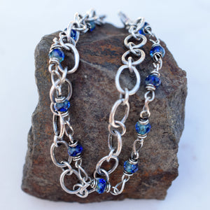 Sapphire Blue Beaded Chain Bracelet. Double Strand. Czech Glass. Fine Silver. Boho Style.