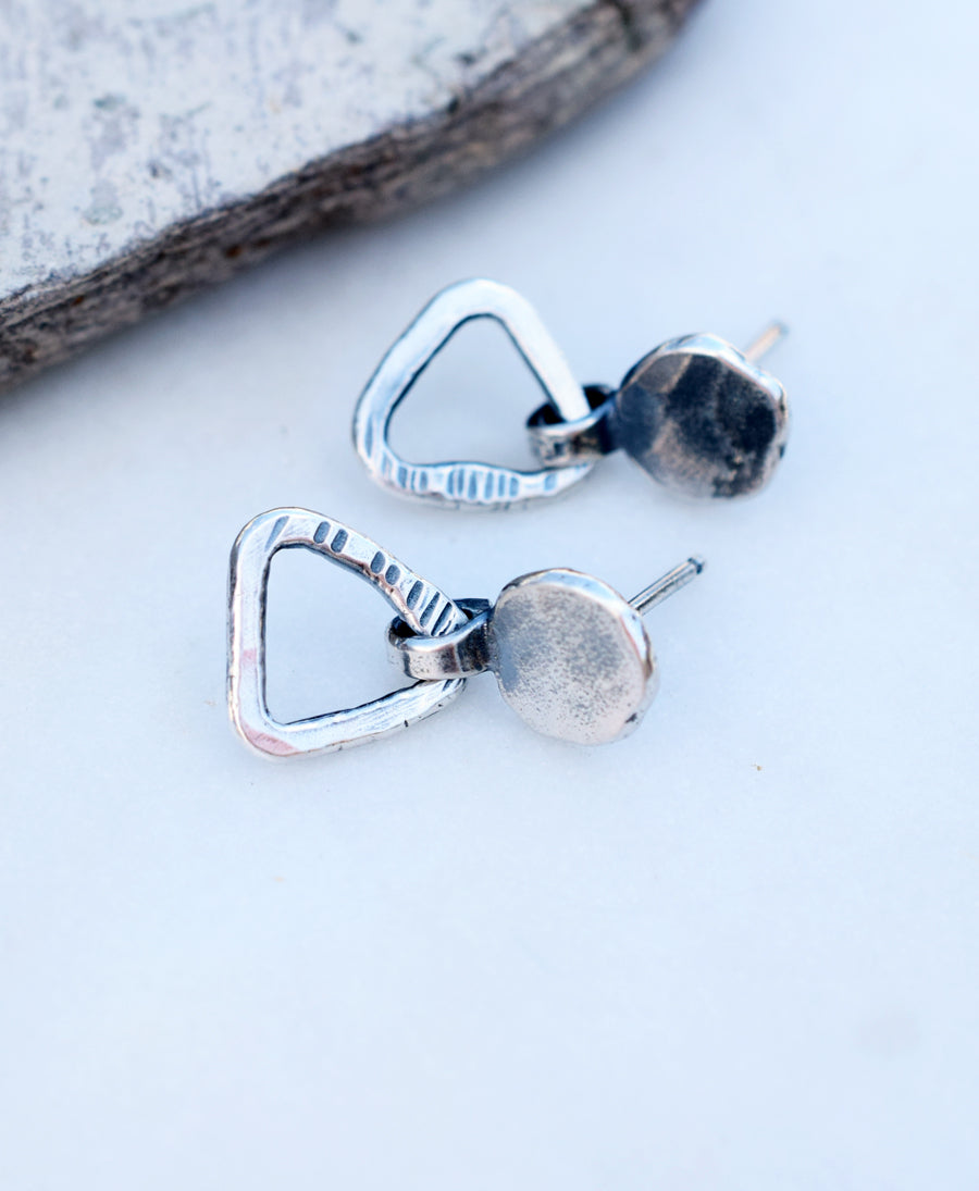Fine Silver Nugget Post Earrings with Hammered Triangle Hoops