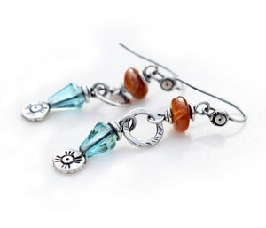 Bohemian Earrings Handcrafted Silver Boho Style Dangle Earrings Sun Spot. Orange + Teal Earrings. Handmade Silver + Gemstone Jewelry. 64195