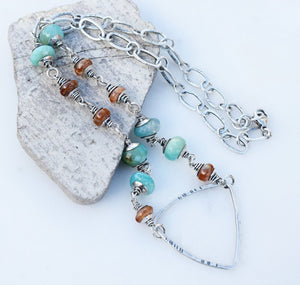 Handmade Sterling Silver Jewelry. Teal + Orange Boho Style Triangle Necklace. 