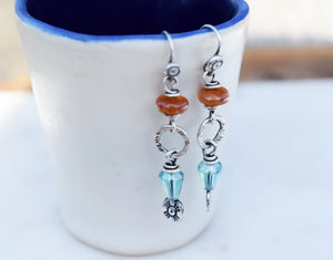 Bohemian Earrings Handcrafted Silver Boho Style Dangle Earrings Sun Spot. Orange + Teal Earrings. Handmade Silver + Gemstone Jewelry. 64195