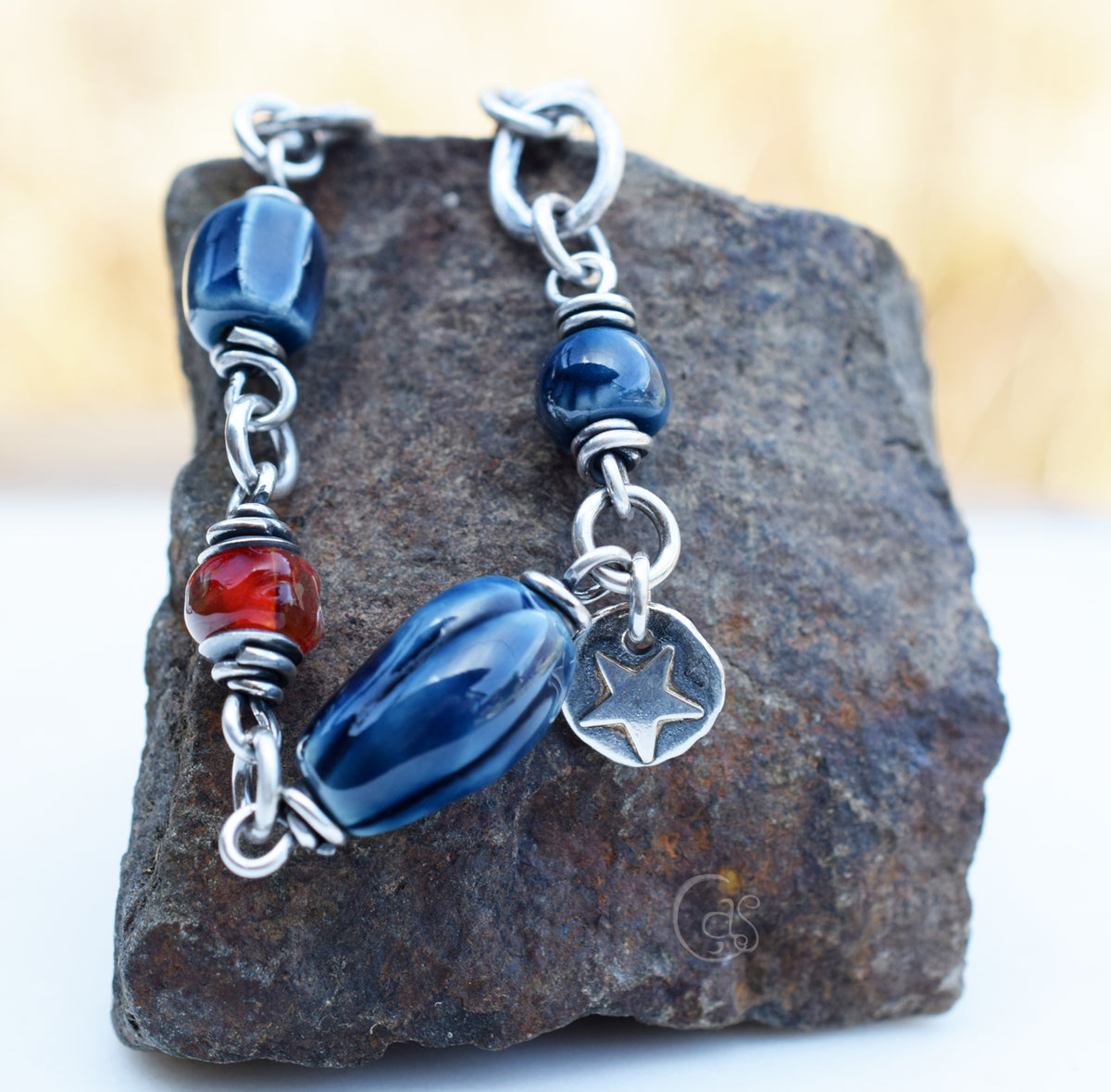 Star Spangled Bracelet. Fine Silver. Lampwork. Handmade Ceramic Beaded Jewelry. 61891