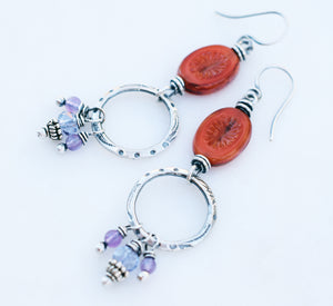 Sunshine and Flowers Handcrafted Silver Boho Style Hoops. Orange + Amethyst. 62391