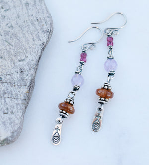 Boho Blessing. Amethyst Sunstone Earrings. Fine Silver Bohemian Jewelry. 62393