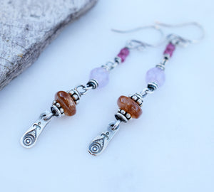 Boho Blessing. Amethyst Sunstone Earrings. Fine Silver Bohemian Jewelry. 62393
