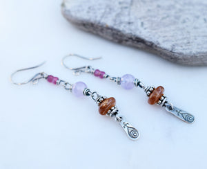 Boho Blessing. Amethyst Sunstone Earrings. Fine Silver Bohemian Jewelry. 62393