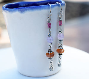 Boho Blessing. Amethyst Sunstone Earrings. Fine Silver Bohemian Jewelry. 62393