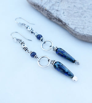 Sapphire Spikes. Hill Tribe Silver Gemstone Dangles. Long Blue Earrings. 7251